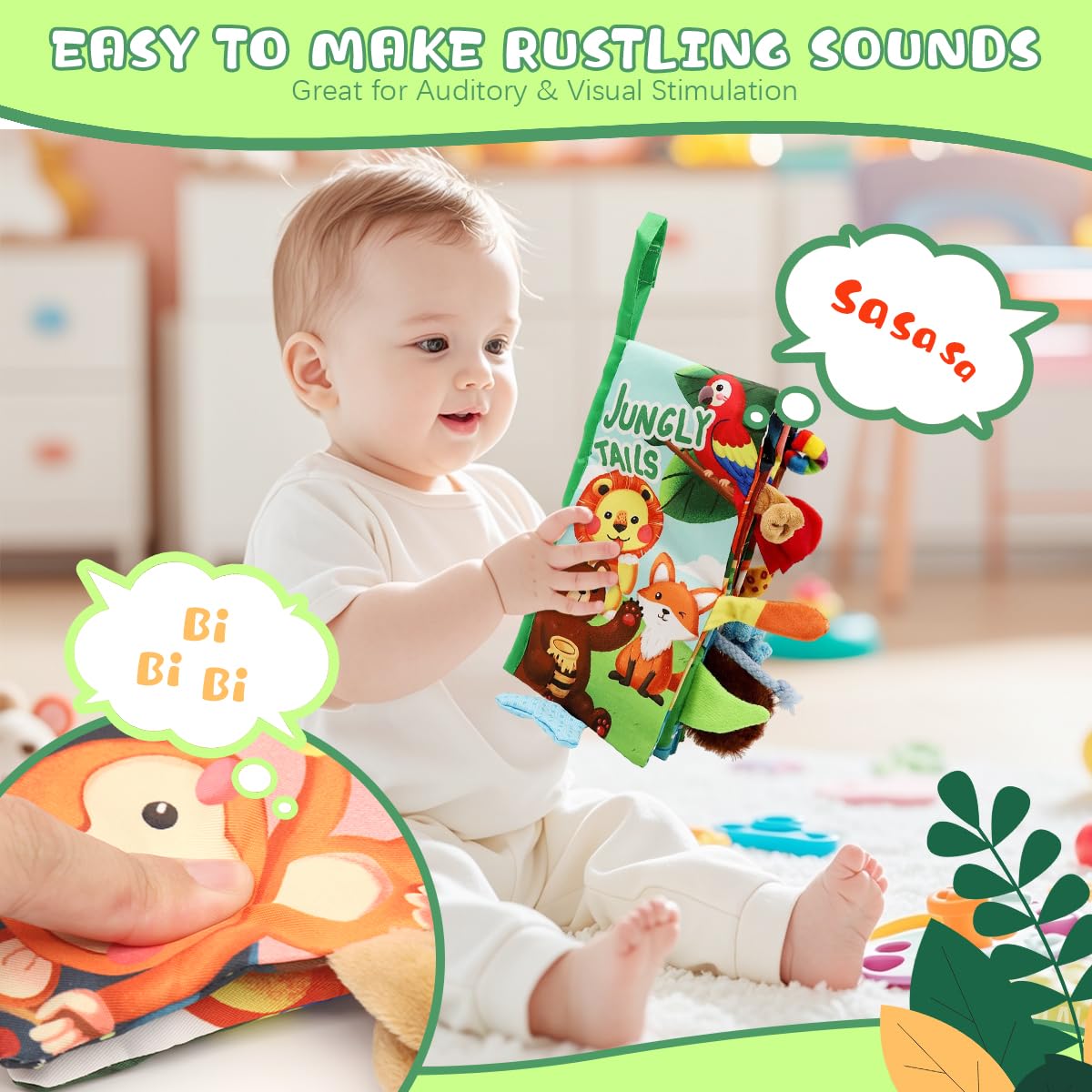 SNOWIE Soft Jungle Tails Cloth Book for Babies 6–12 Months with 12 Textures & Crinkle Sound