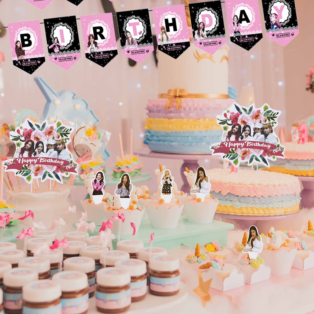 HASTHIP Blackpink Theme Cake Decoration Kit for Birthday Party with 26 Toppers and Banner | Eco Paper Decor for Fans