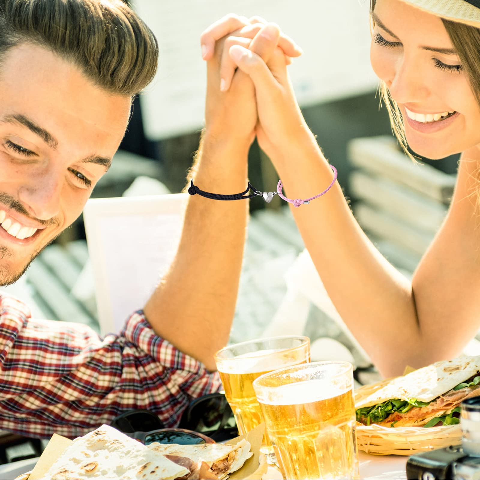 MAYCREATE Friendship Bracelets for Couples with Magnetic Heart Pendants and Adjustable 14–26 cm Rope | Velvet Gift Bag for Him and Her