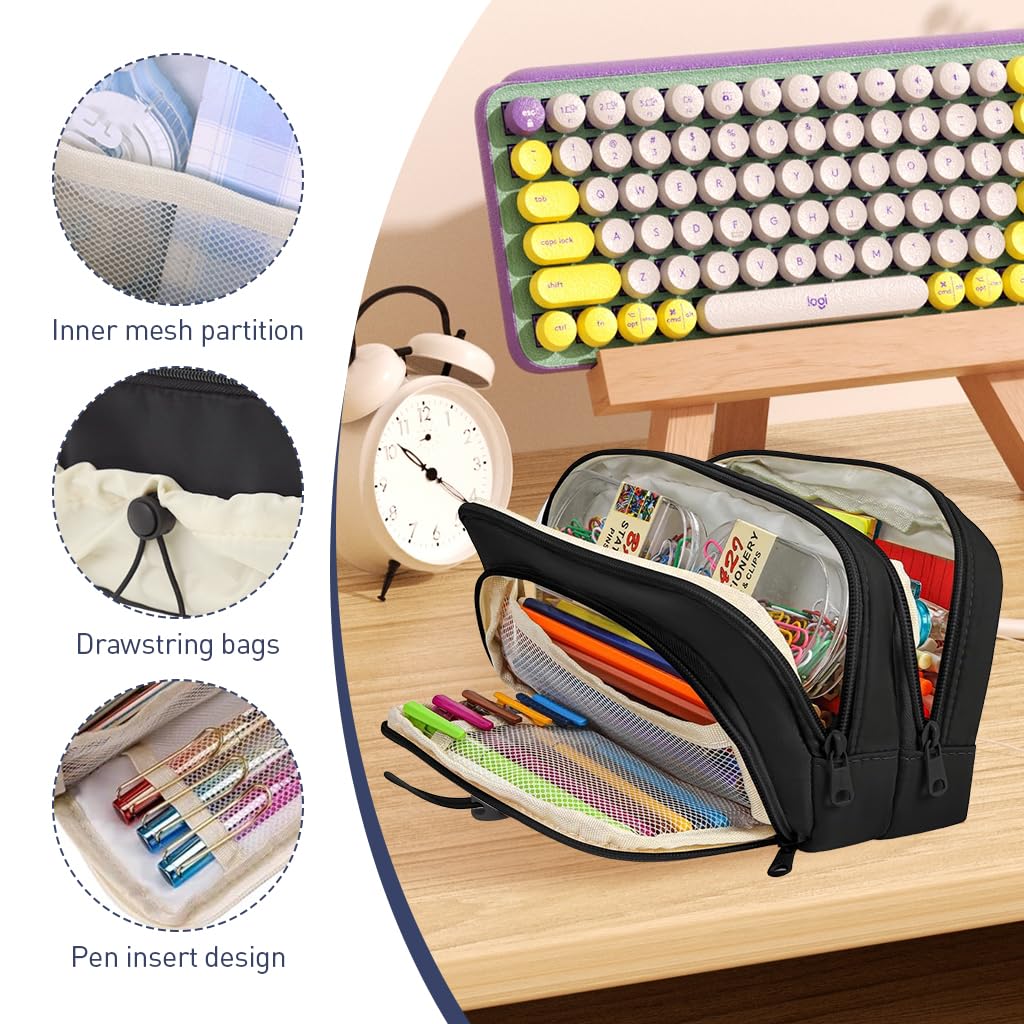 ZIBUYU Large Capacity Pencil Case, Pen Bags Pencil Pouch Organizer for Office College School Black