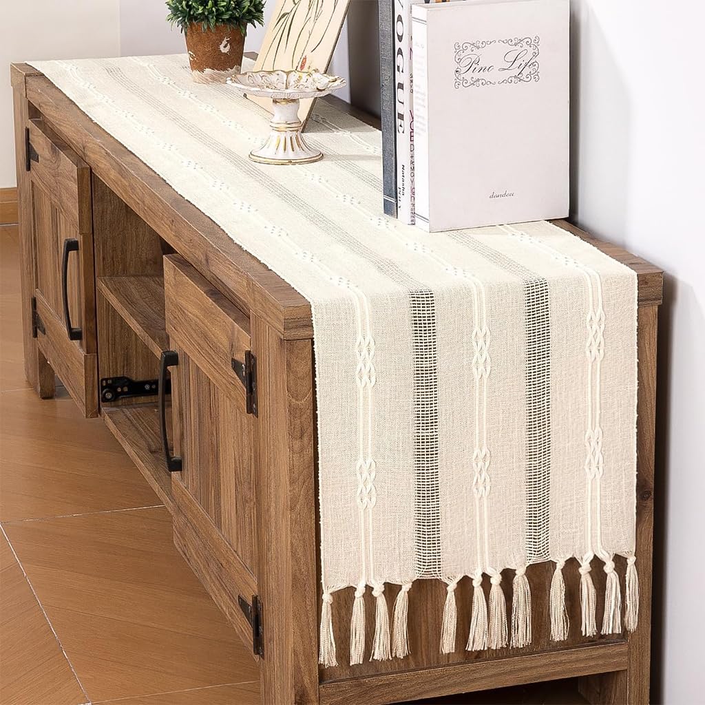 HASTHIP Table Runner for Party and Wedding 30x180cm featuring Jacquard Patchwork Linen and Tassel Design