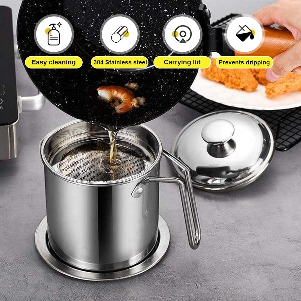 HASTHIP Oil Strainer for Kitchen Grease Storage with Fine Mesh Filter and Lid 1.3L 304 Stainless Steel