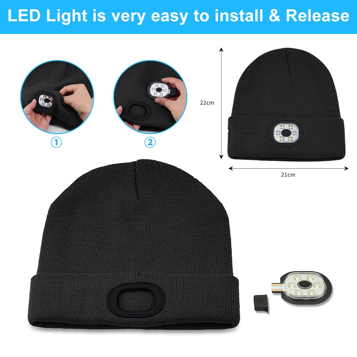 GUSTAVE® Winter Cap for Men Women Illuminated Beanie Cap with Forehead Lamp USB Rechargeable Winter Soft Fleece Knitted Cap for Riding, Night Running, Black