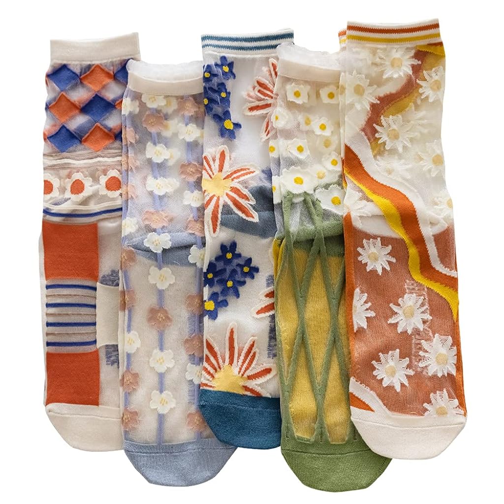 SANNIDHI® 5 Pairs Floral Tulle Socks Sheer Socks for Women Fancy Floral Jacquard Sheer Socks Tulle Socks for Girls Women Breathable Summer Quarter Socks Fashion Socks