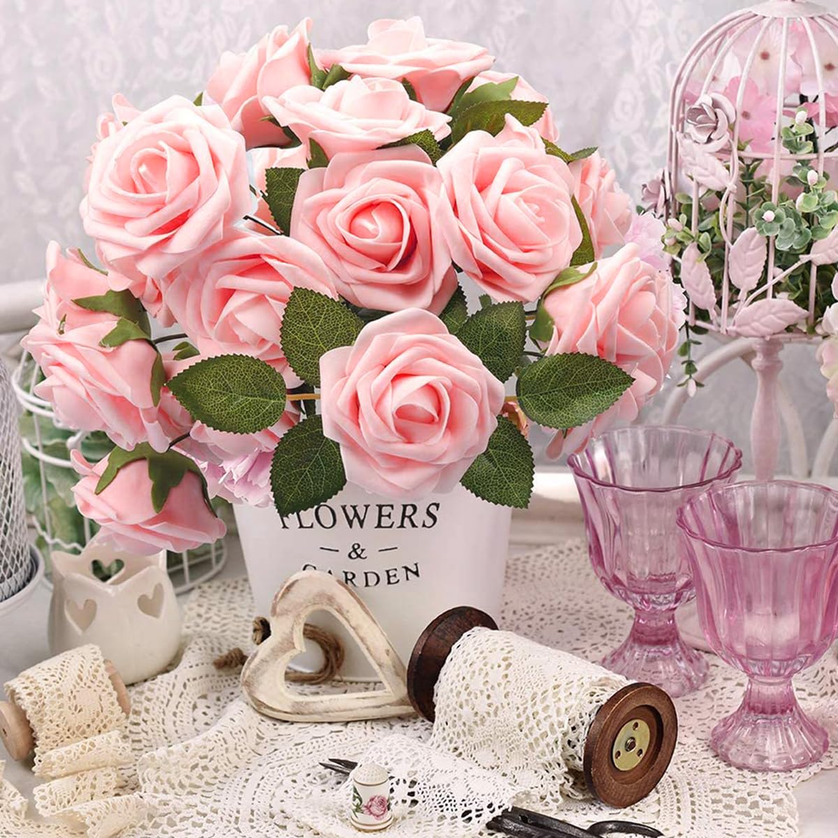 HASTHIP® 25pcs Roses Artificial Flowers Box Set, Foam Pink Fake Roses with Stems for DIY Wedding Bouquets Centerpieces Arrangements Party Baby Shower Home Decorations