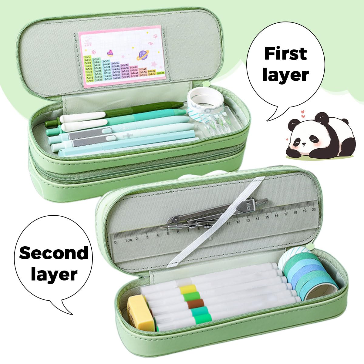 Zibuyu Pencil Box for Kids with Double Layer 22×7.5×7.5cm Design | Green Polyester Panda Organizer