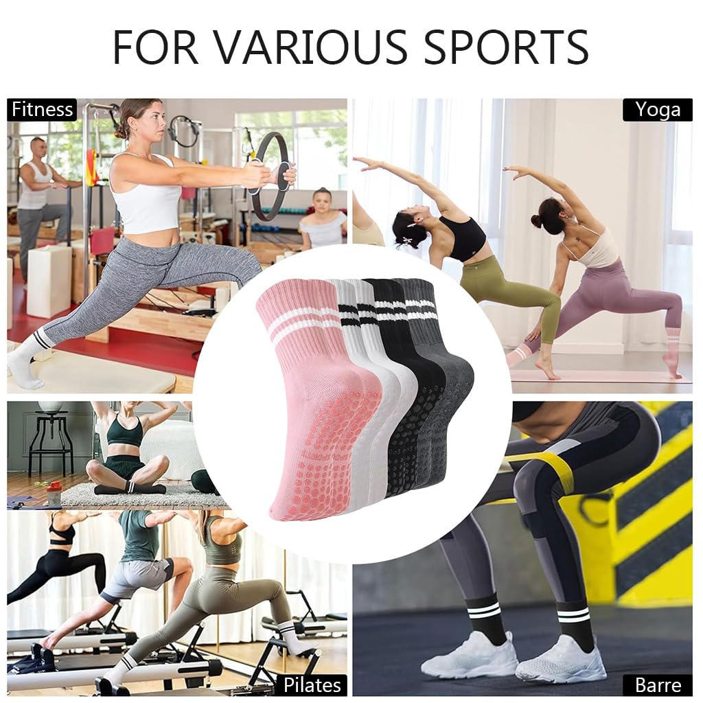 PROBEROS Yoga Socks for Women with Anti Slip Silicone Grip and Breathable Cotton | 4 Pairs