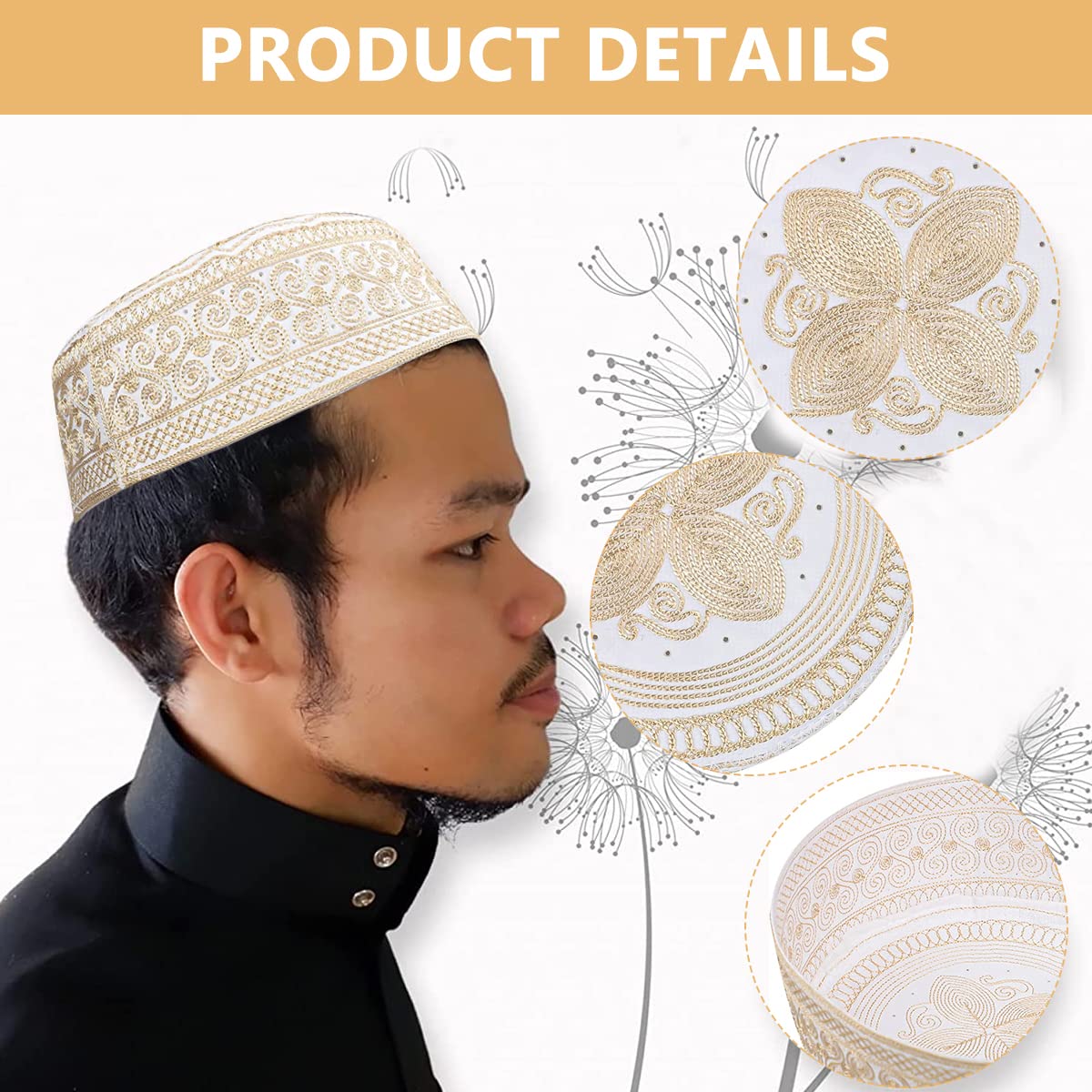 GUSTAVE Muslim Cap for Men featuring digital embroidery and polyester cotton 56‑58cm | classic grey prayer kufi