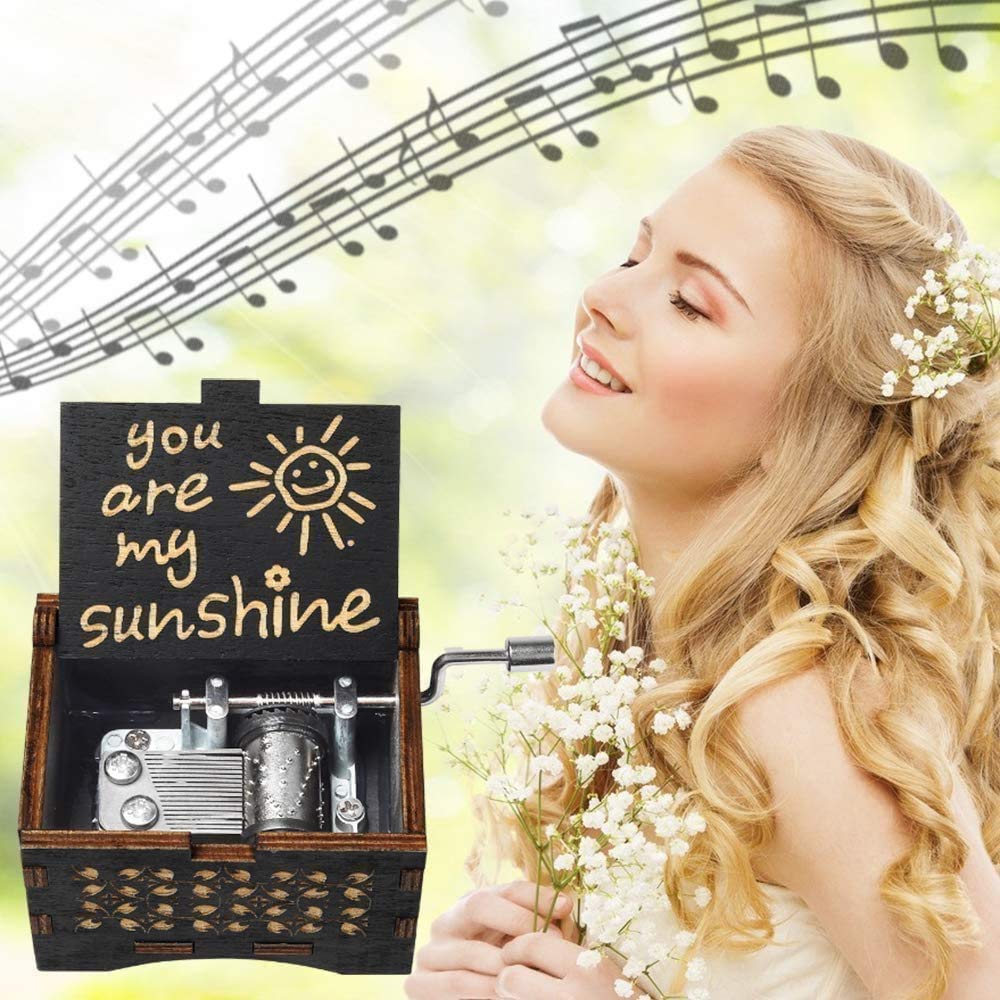 PATPAT  You are My Sunshine Wood Music Boxes,Laser Engraved Vintage Wooden Sunshine Musical Box,Wooden Classic Music Box Crafts with Hand Crank (Wooden-Black)