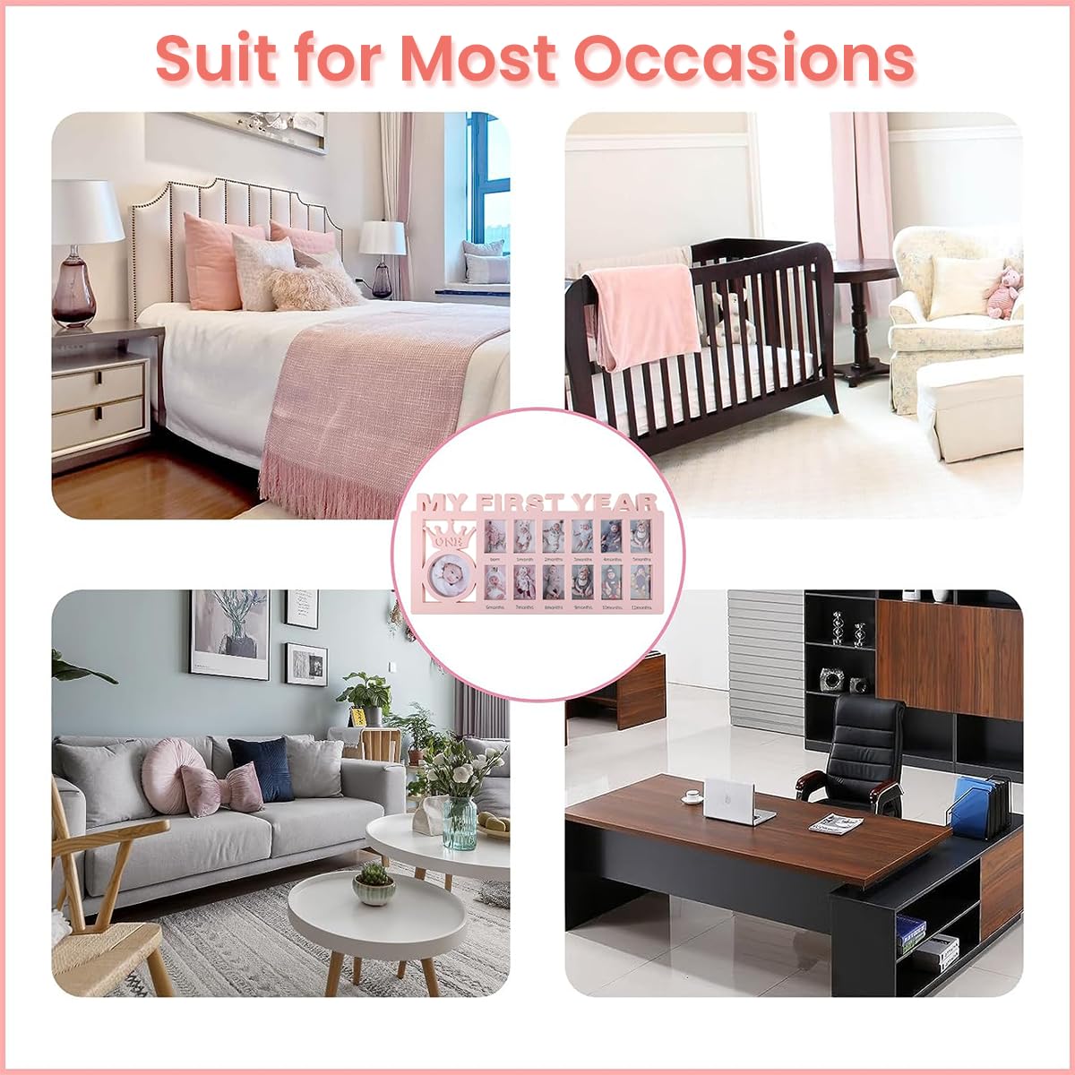 SNOWIE SOFT Photo Frame for Baby First Year Milestones with 12 Slots 42×21.5×2.8 cm | Pink Nursery Keepsake