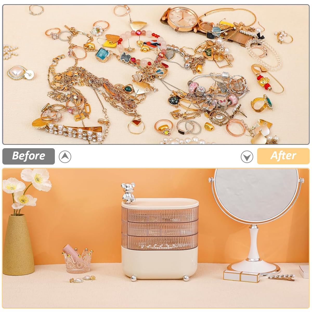 [Second-hand]HASTHIP@ Jewellery Organisers 4-Tiers Jewelry Box Rotatable Hair Accessories Organizer Stand Elegant Dresser Table Acrylic Clear Storage Box for Hair Tie, Scrunchie, Earrings, Bracelets Holder