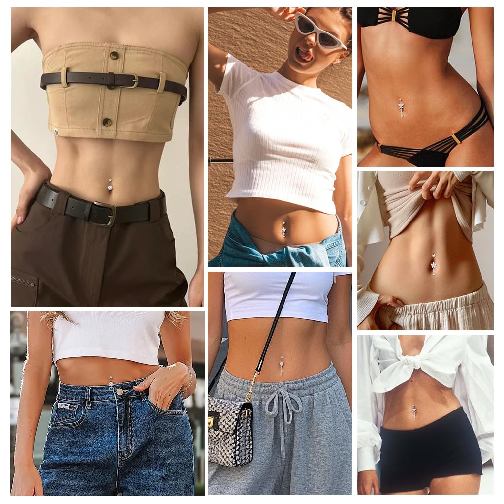SANNIDHI Belly Button Rings for Women with Rhinestone Dangles and Stainless Steel Set of 5