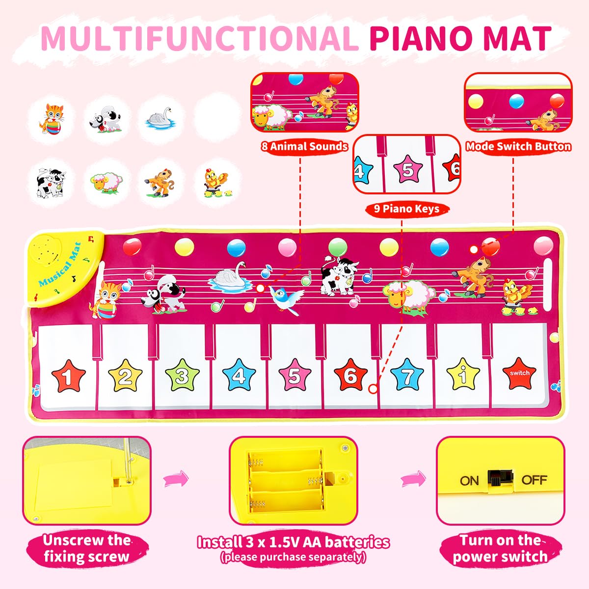 PATPAT Piano Keyboard Musical Mat for Kids with 8 Animal Sounds and Foldable Design 100×36cm