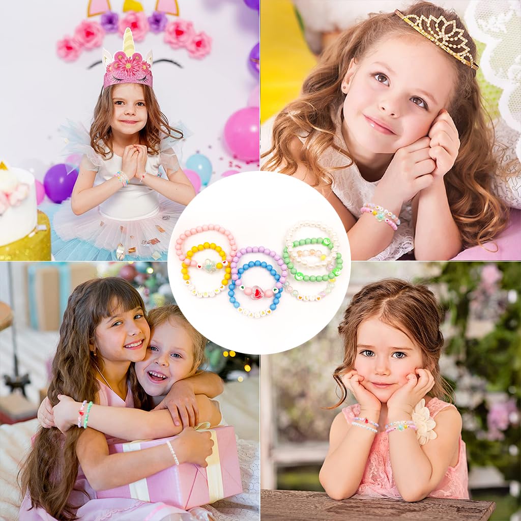 SANNIDHI Colorful Beaded Bracelets Set for Girls with Flower Heart and Rainbow Charms | 7 Pcs Elastic Acrylic Jewelry Gift for Ages 6–12