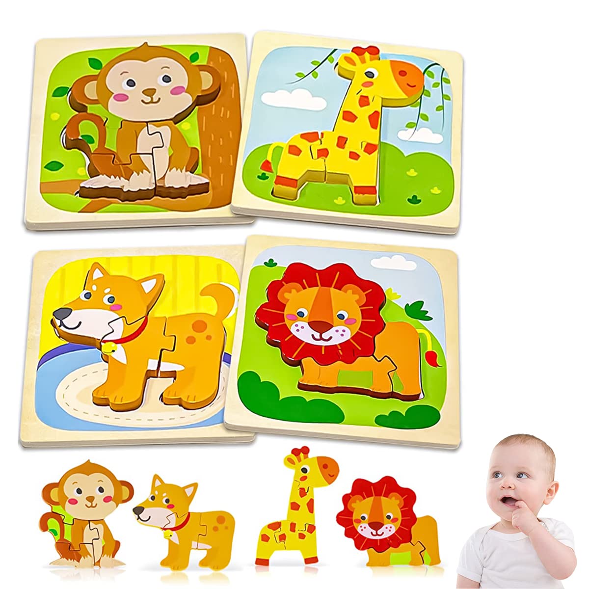 PATPAT® Wooden Puzzles for Kids 4Pcs Cartoon Animal Puzzle Toy for Toddlers 3D Cartoon Jigsaw Puzzle Toy STEM Educational Learning Toys Montessori Toys for Kids 1 2 3+ Years Old Gifts for Boys Girls