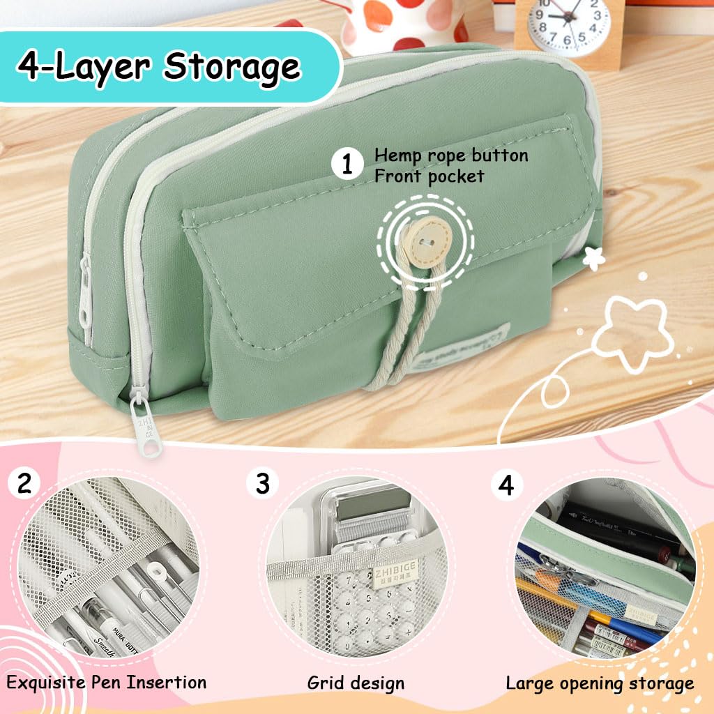Zibuyu Pencil Pouch for School and Office with Double Layer Zip-Up Design | 21x11x7.5cm Green Canvas