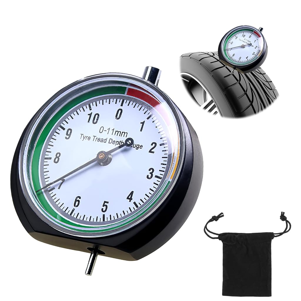 STHIRA® Tyre Tread Depth Gauge, 0-11mm Round Tyre Pressure Dial Gauge UK in MM Measuring Rod with Pouch