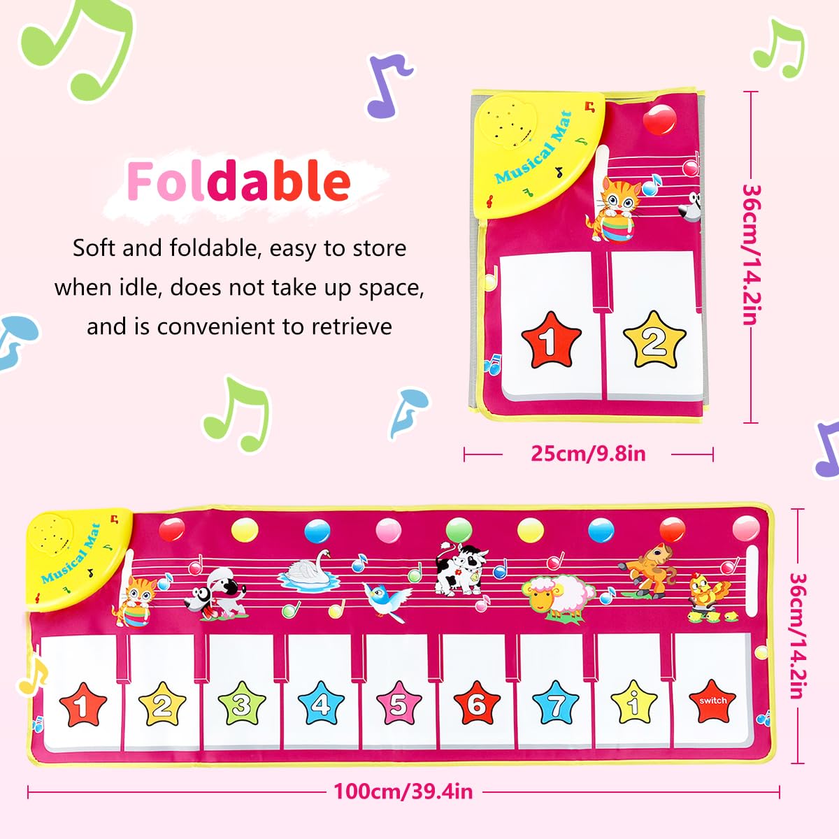 PATPAT Piano Keyboard Musical Mat for Kids with 8 Animal Sounds and Foldable Design 100×36cm