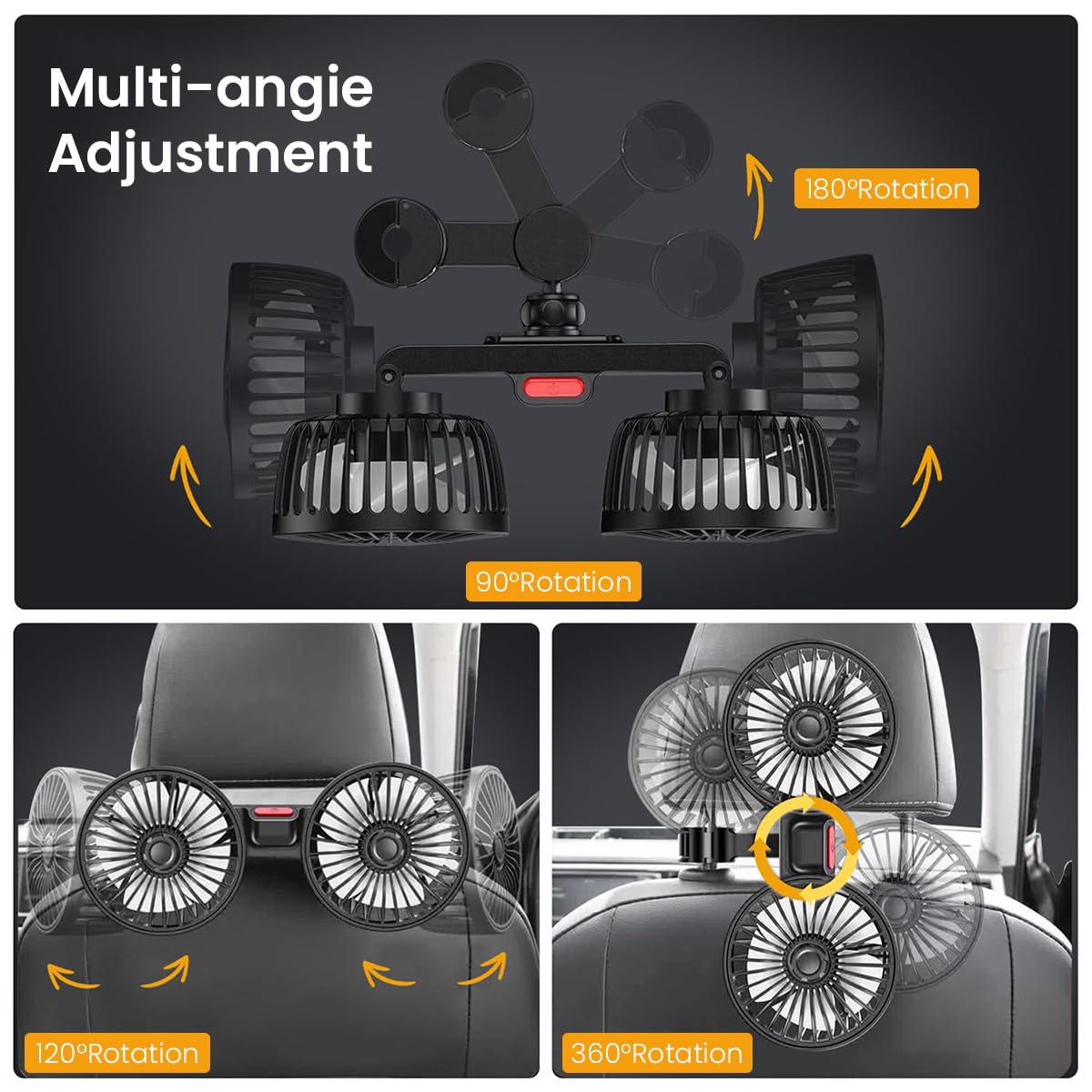 STHIRA Car Fan for Backseat Cooling with Dual Rotating Heads and 3 Speed USB Power | 360° Adjustable Headrest Mount