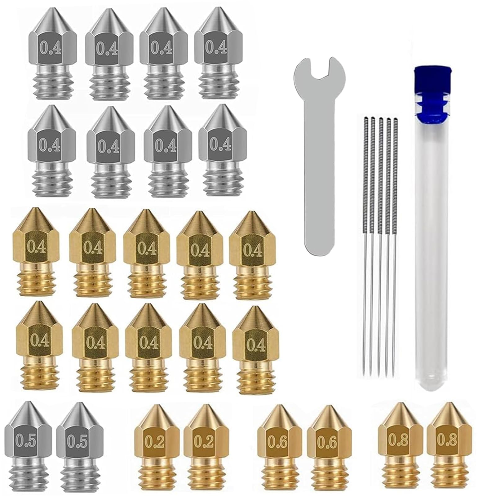 Serplex® 32PCS MK8 Nozzles 3D Printer Extruder Nozzles Hardened Steel, Stainless Steel, Brass High Temperature Pointed Wear Resistant Nozzle 0.4mm Compatible with CR-10 Ender 3/ V2 Ender3 pro