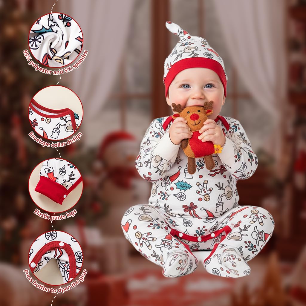 SANNIDHI Christmas Baby Outfit Set for 6–9 Month Infants with Button Up Crotch | Includes Matching Hat for Holiday Photos