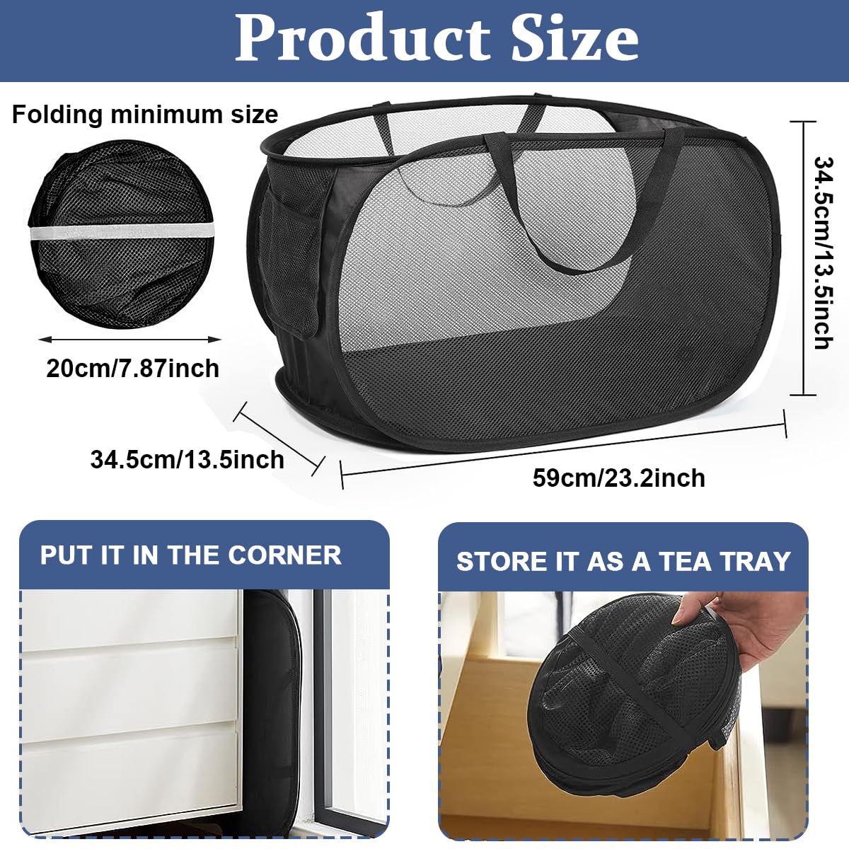 HASTHIP Laundry Basket for Dorms and Travel featuring Collapsible Steel Frame | 22.8 x 14.2 x 14.2 in Black Mesh