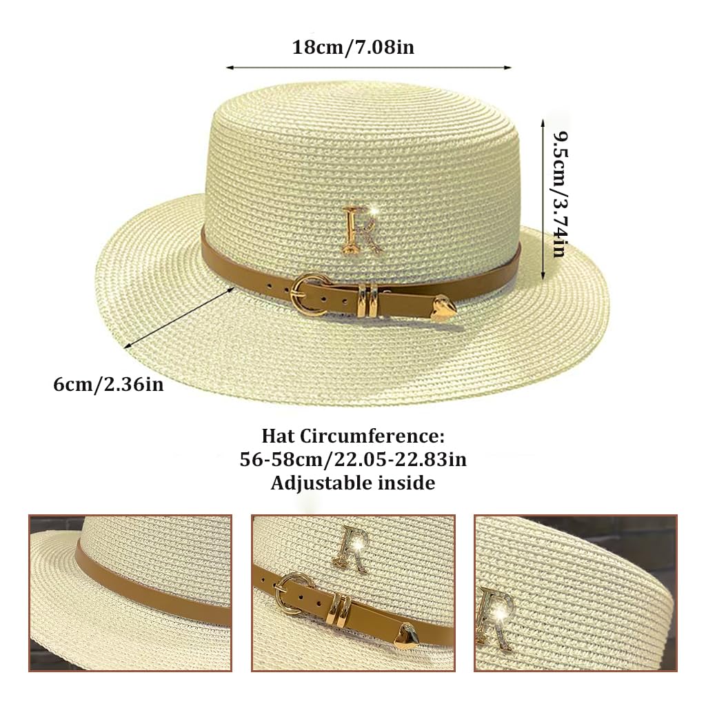 Venzina Straw Hat for Women featuring Leather Belt and Letter Charms 56–58cm Milk White | UV Protection Beach Hat