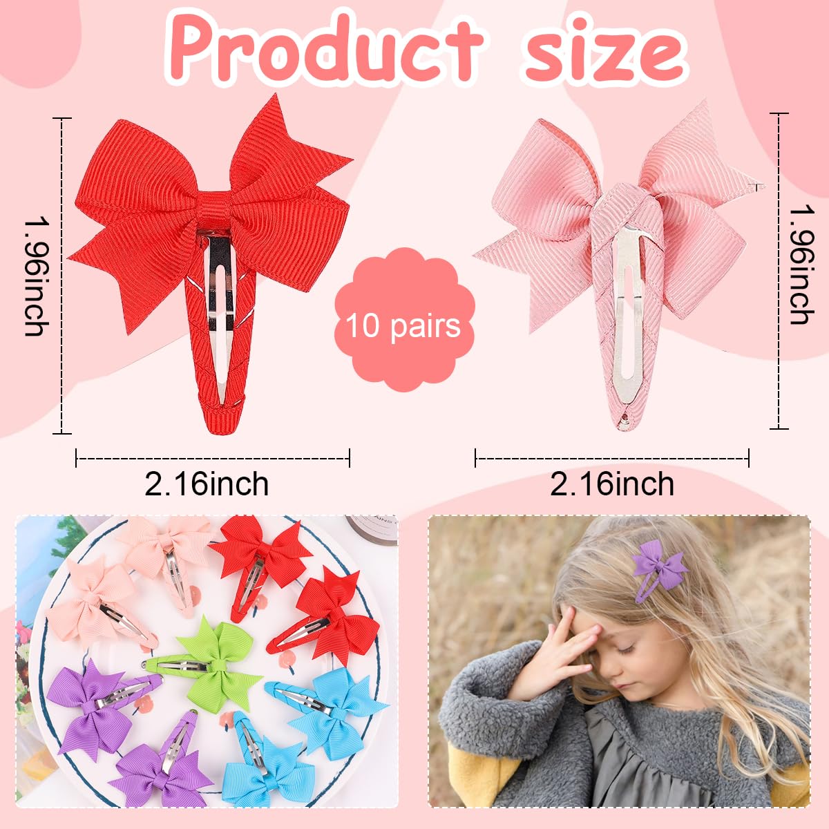 PALAY Bow Hair Clips for Girls featuring 20pcs Set with Fully Wrapped Metal Clips | 10 Colors