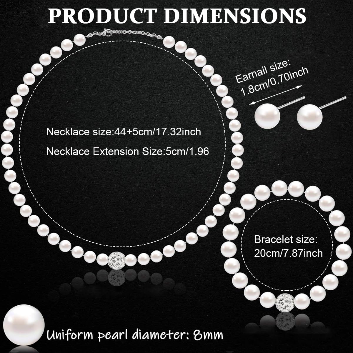 Venzina® White Pearl Jewellery Set for Women Stylish Elegant Rhinestones Shinning Faux Pearl Necklace Set for Women, Girls Bracelet and Earrings Jewelry Set for Women, Girls Gift (8mm) - 3 Pieces