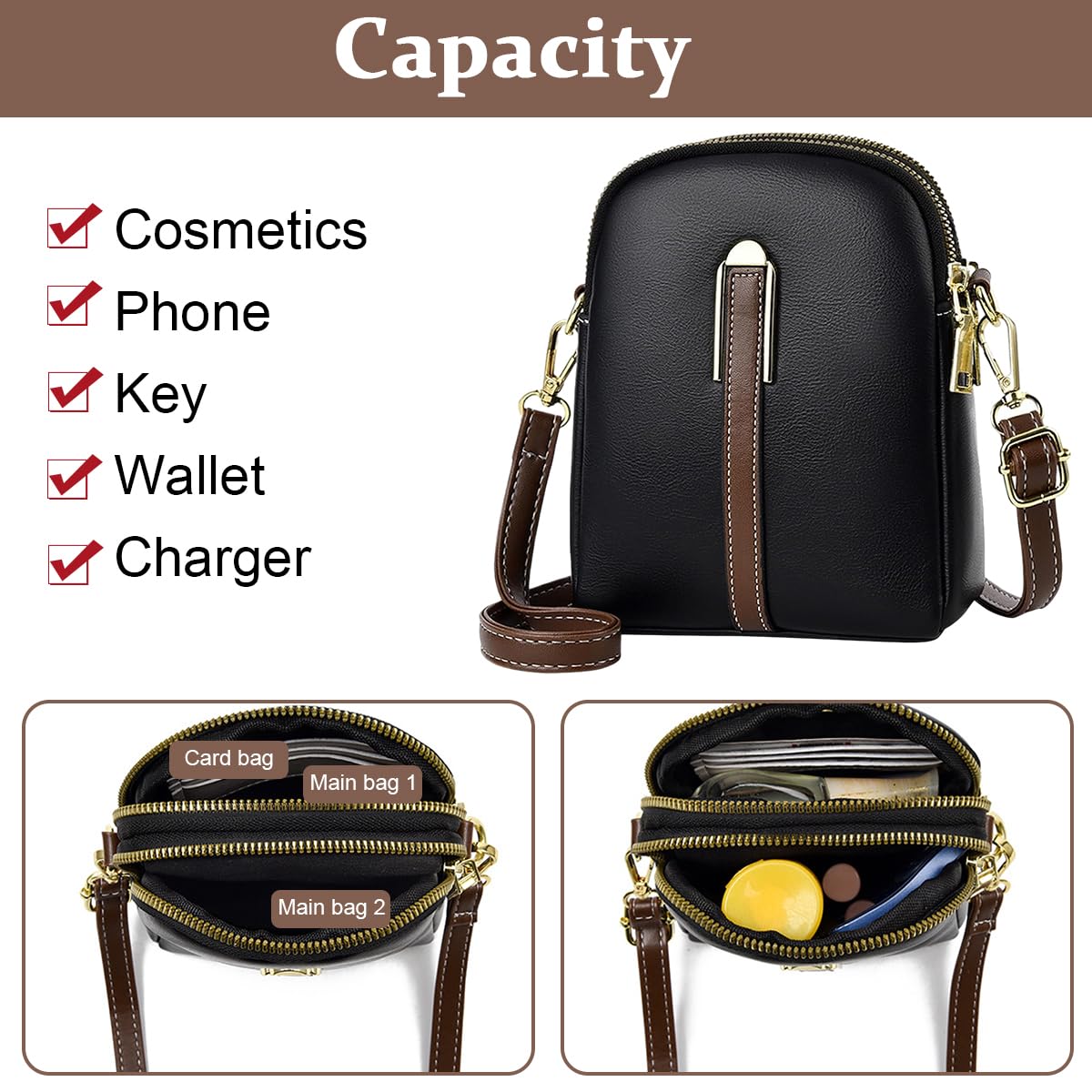 PALAY® Sling Bag Stylish PU Women Crossbody Phone Bag Double Layer Daily Casual Shoulder Bag with Detachable Belt & Zipper Pouch Gift for Women