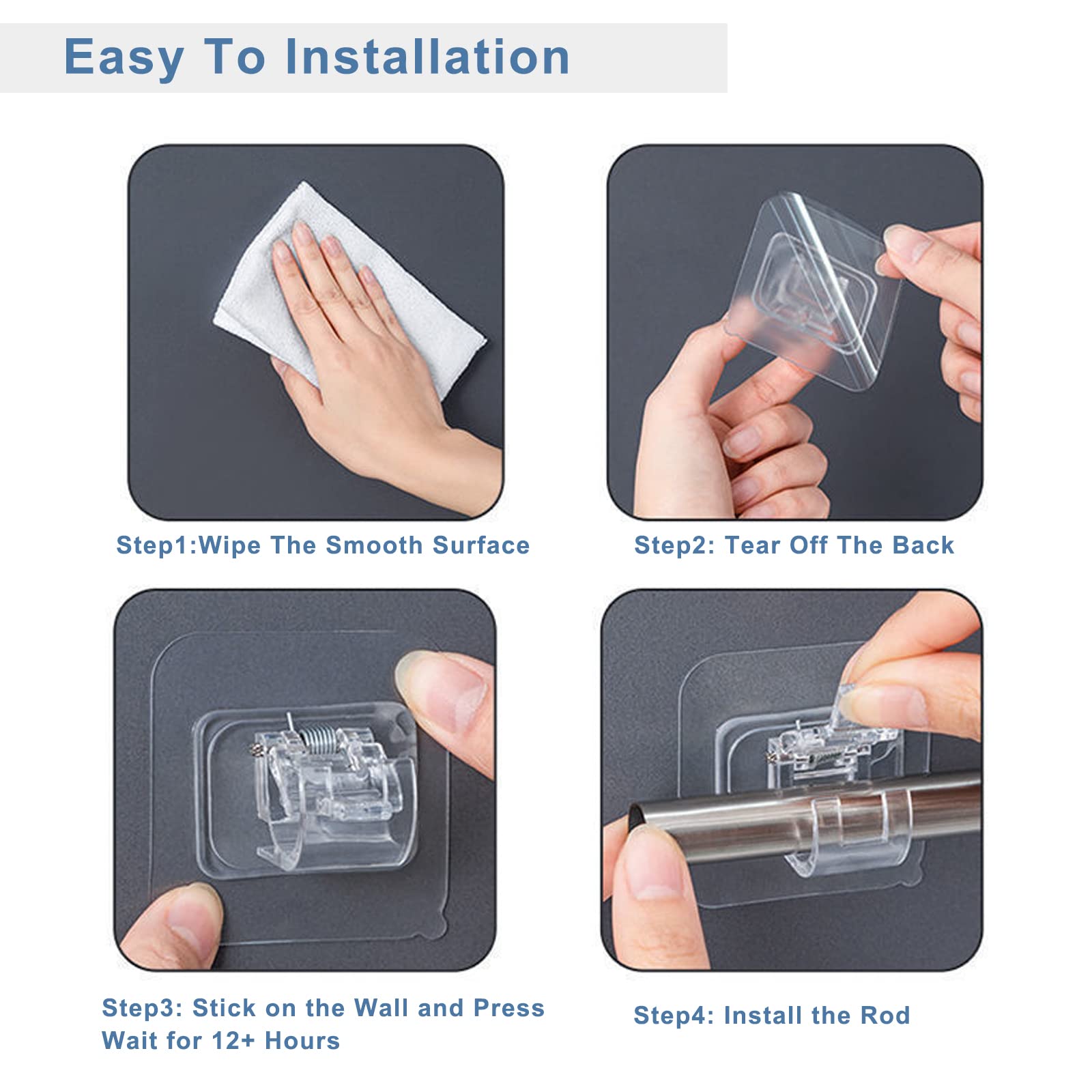 ZIBUYU Window Curtain Rod Brackets for 2mm Rods with No Drill Adhesive Mount | 6Pcs Clear Set