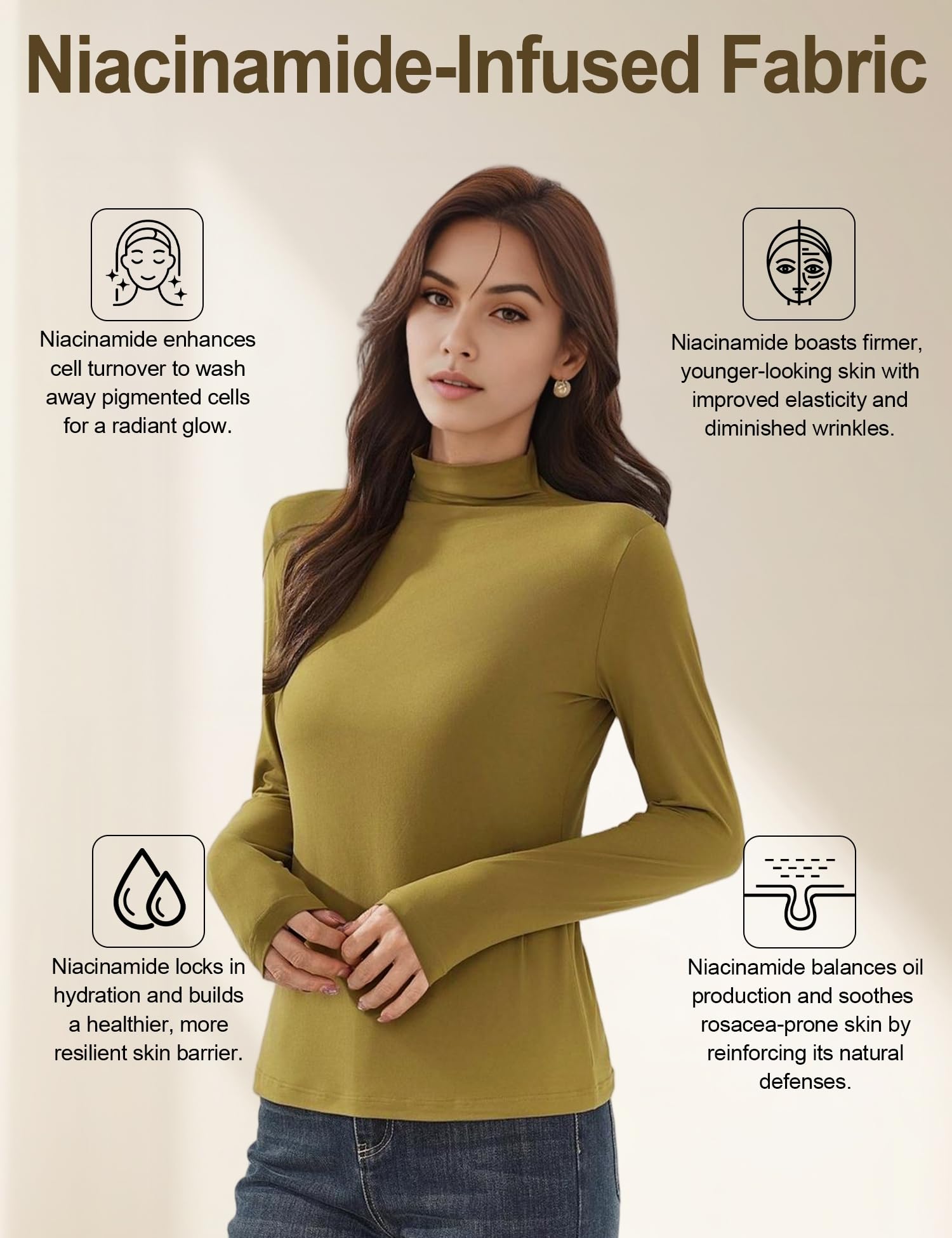 Venzina Women Mock Neck Long Sleeve Top with Soft Stretch Fabric in Mustard Yellow | Slim Fit