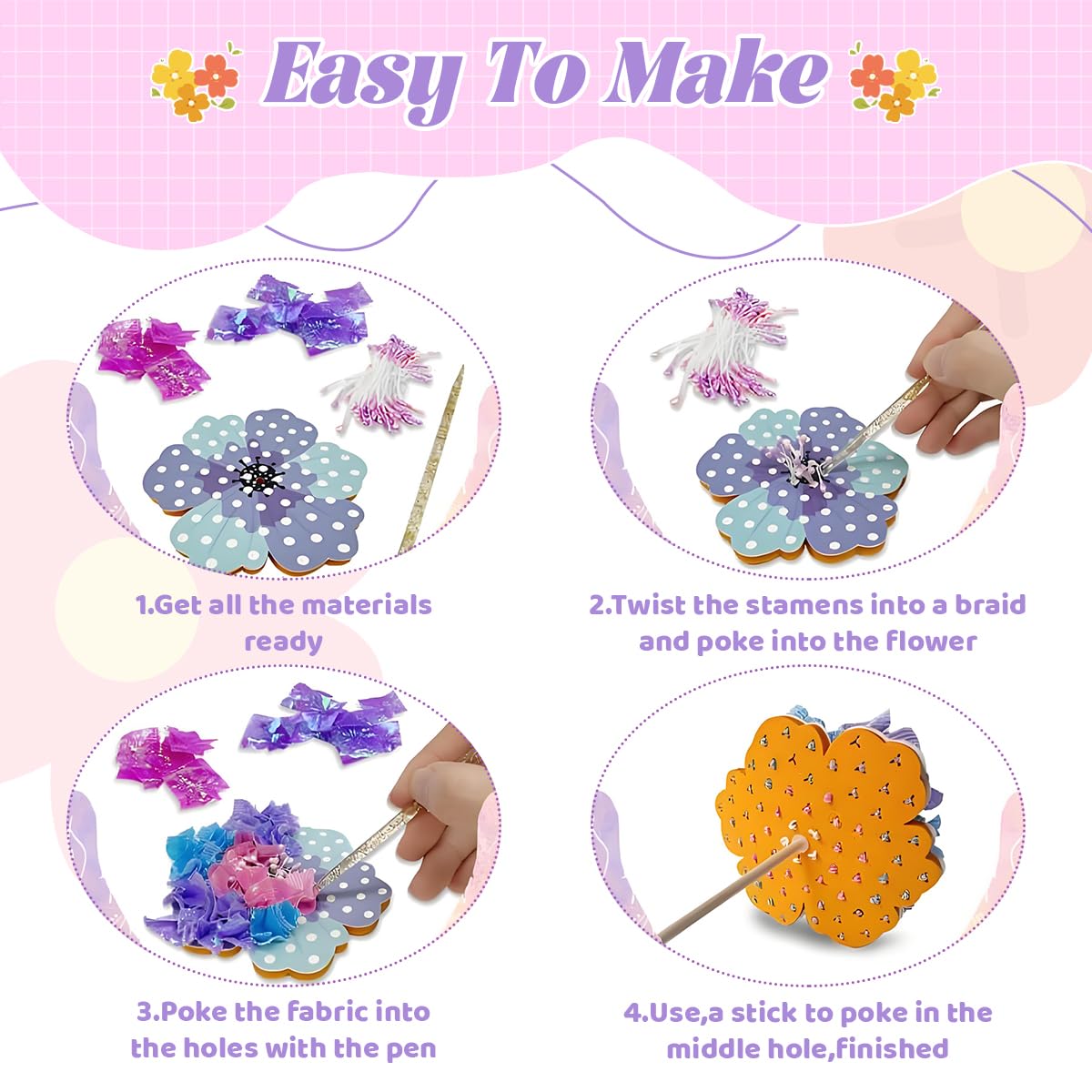 PATPAT Poke in Art Kit for Kids 6-12 with 800 pcs Fabric Squares and Sturdy Stems | Creative Flower Bouquet Craft Gift