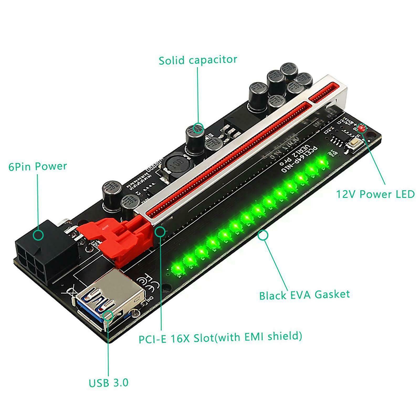 Verilux® 1 Pack VER012 Pro 10 Capacitor Pcie Riser Extension Adapter Card ETH Mining Powered Riser Adapter Card for GPU with 23.6 inch USB 3.0 Cable