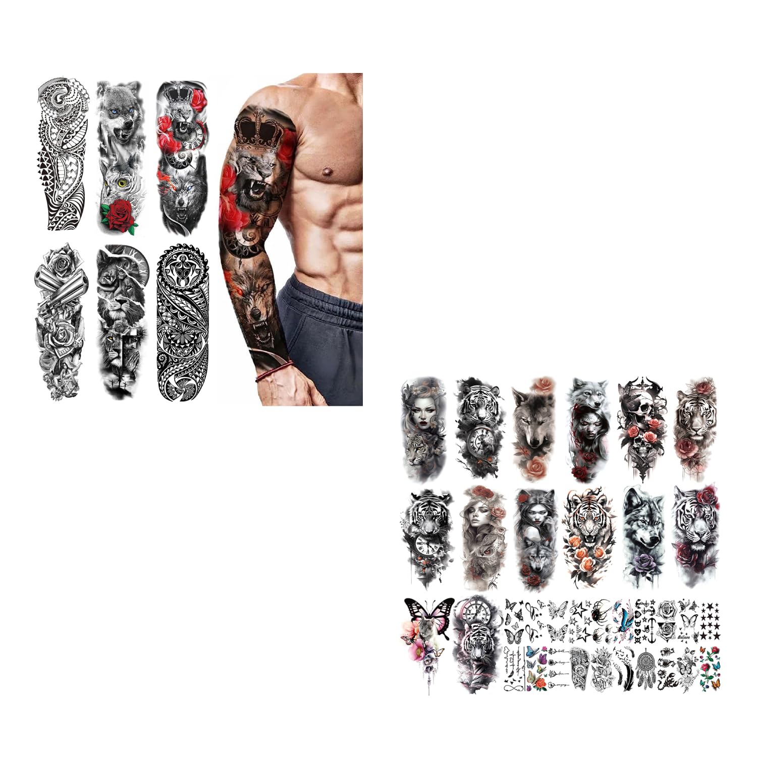MAYCREATE Temporary Tattoos for Men and Women with 6 Waterproof 48×17 cm Sheets | Lion, Wolf and Skull Designs