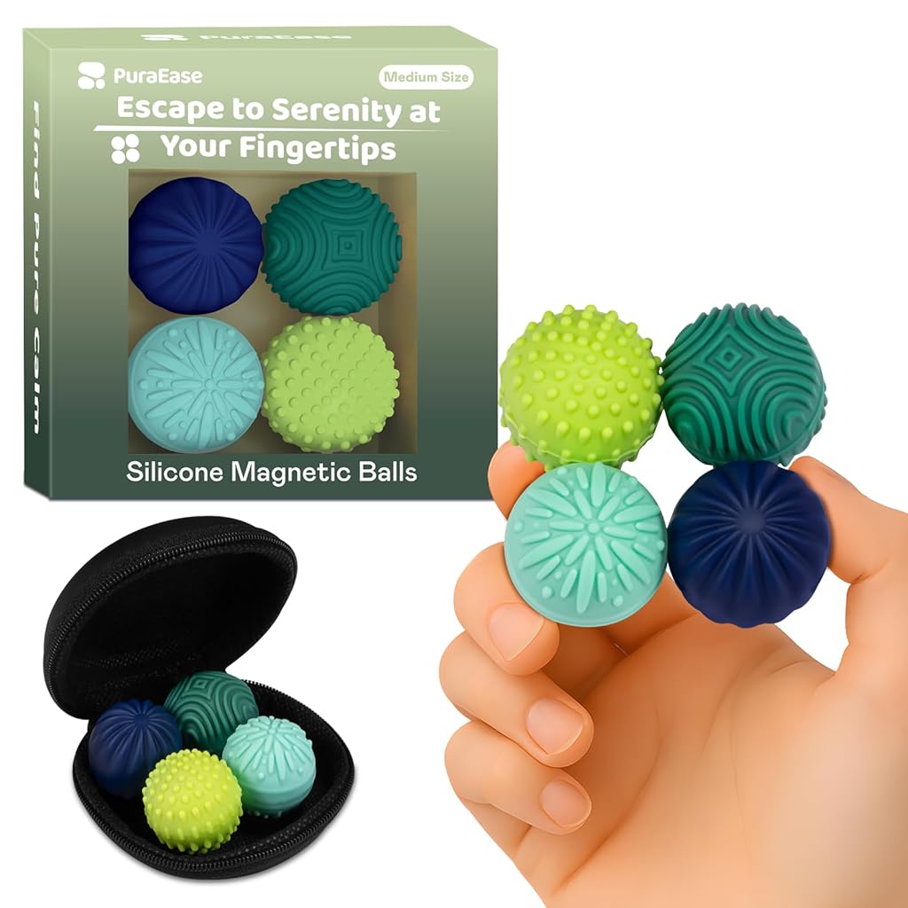 PATPAT® 4Pcs Magnetic Stress Relief Balls, with Storage Case, 0.94'' Dia Textured Silicone Fidget Balls for Relaxation, Mindful Training, Sensory Train, PDHD Therapy,