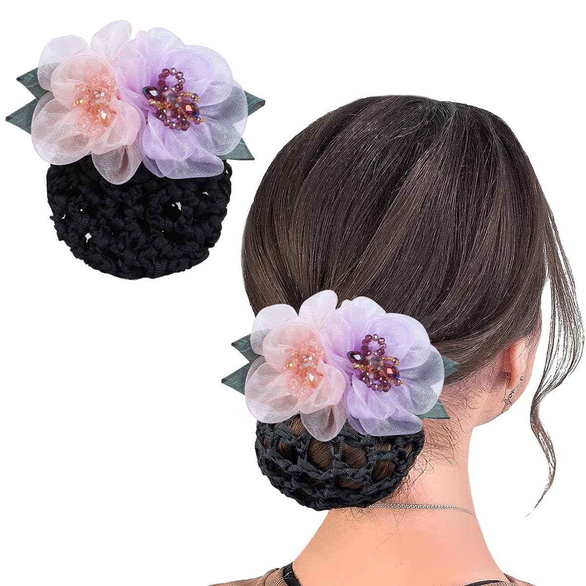 MAYCREATE® Hair Snood Net Barrette Bun Cover, Flower Bun Net Hair Grip, Hair Bun Accessories for Women Girls, Bun Maker Spring Clip Hairnet for Dancer Nurse Work or Daily