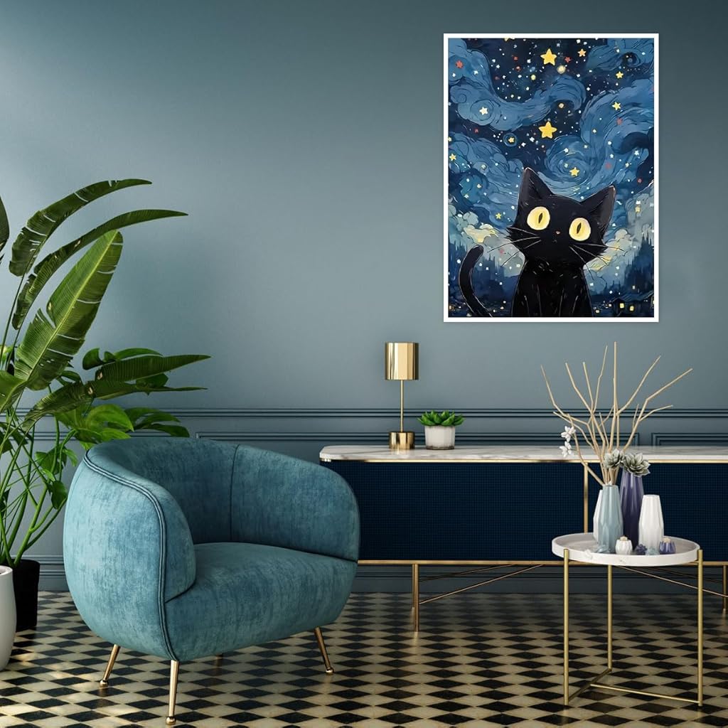 HANNEA® DIY Diamond Art Paint Kit, Cartoon Cat Starry Night Diamond Paint Kit with Tools & Accessories, 30x40cm No Frame Pre Outlined Canvas Diamond Art Kit