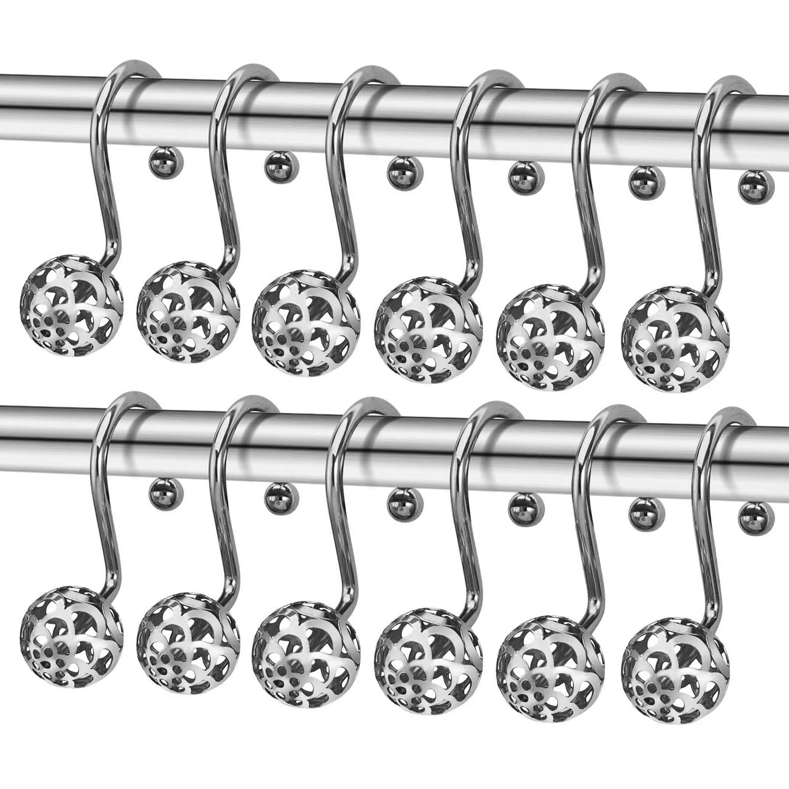 ELEPHANTBOAT Shower Curtain Rings for Bathroom Rods featuring 12 Metal Rustproof Hooks with Hollow Ball Design