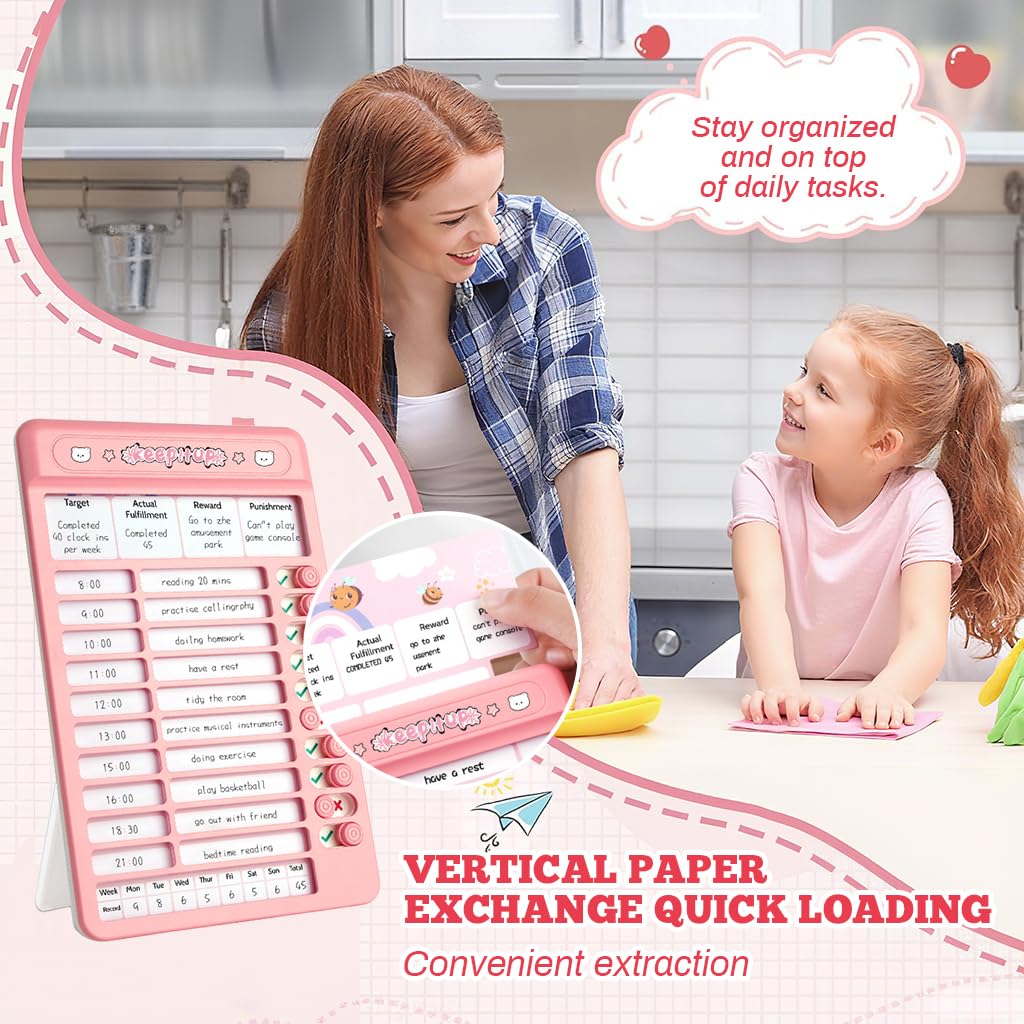 ZIBUYU Dry Erase Chore Chart Board for Kids and Teens with 15 Reusable Sheets featuring Slider Checklist | Dual Placement Options in Pink