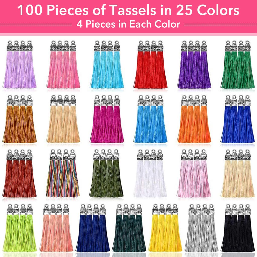HASTHIP Tassels for Jewelry Making with 100 mixed colors and hanging loop design | 2.36 inch silky polyester set