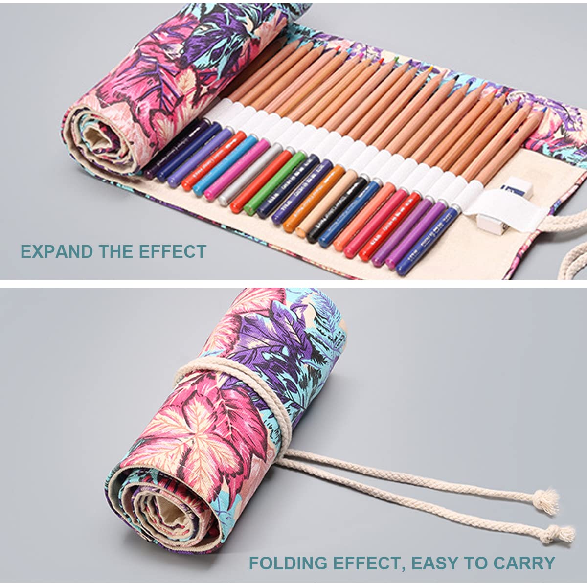 HASTHIP Canvas Pencil Wrap Case, Roll Up Pencil Pouch, Pencil Roll Wrap, Pencil Holder with 72 Slots, Aesthetics Maple Leaves Prints Roll Up Pencil Pouch Gift for Students Sketching Drawing Storage