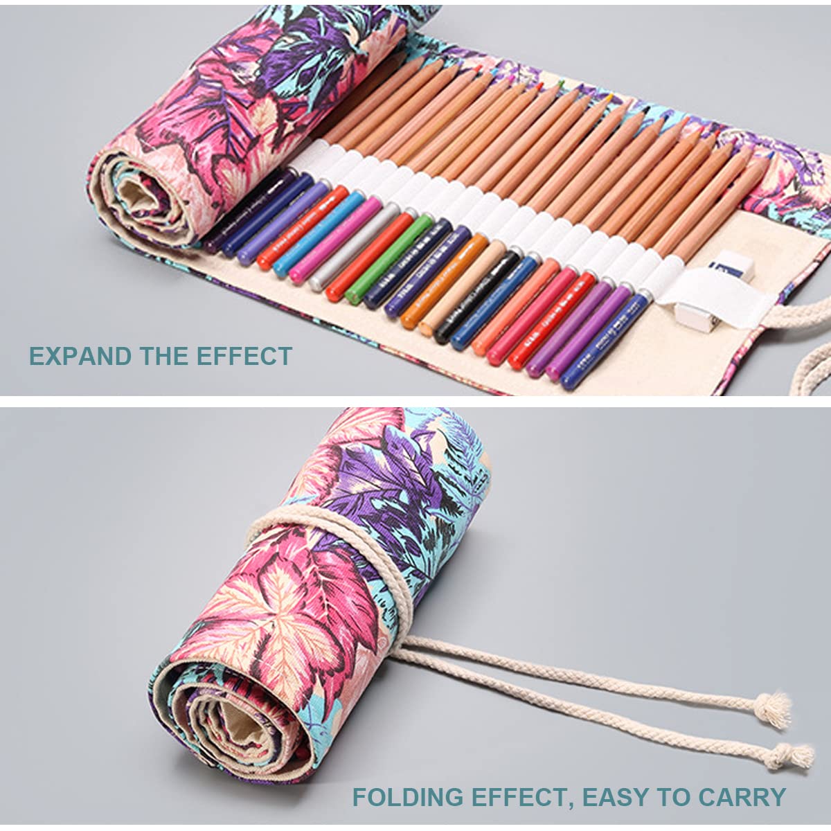 HASTHIP Canvas Pencil Wrap Case for Sketching with 72 Slots and Maple Leaves Print | Gift for Students