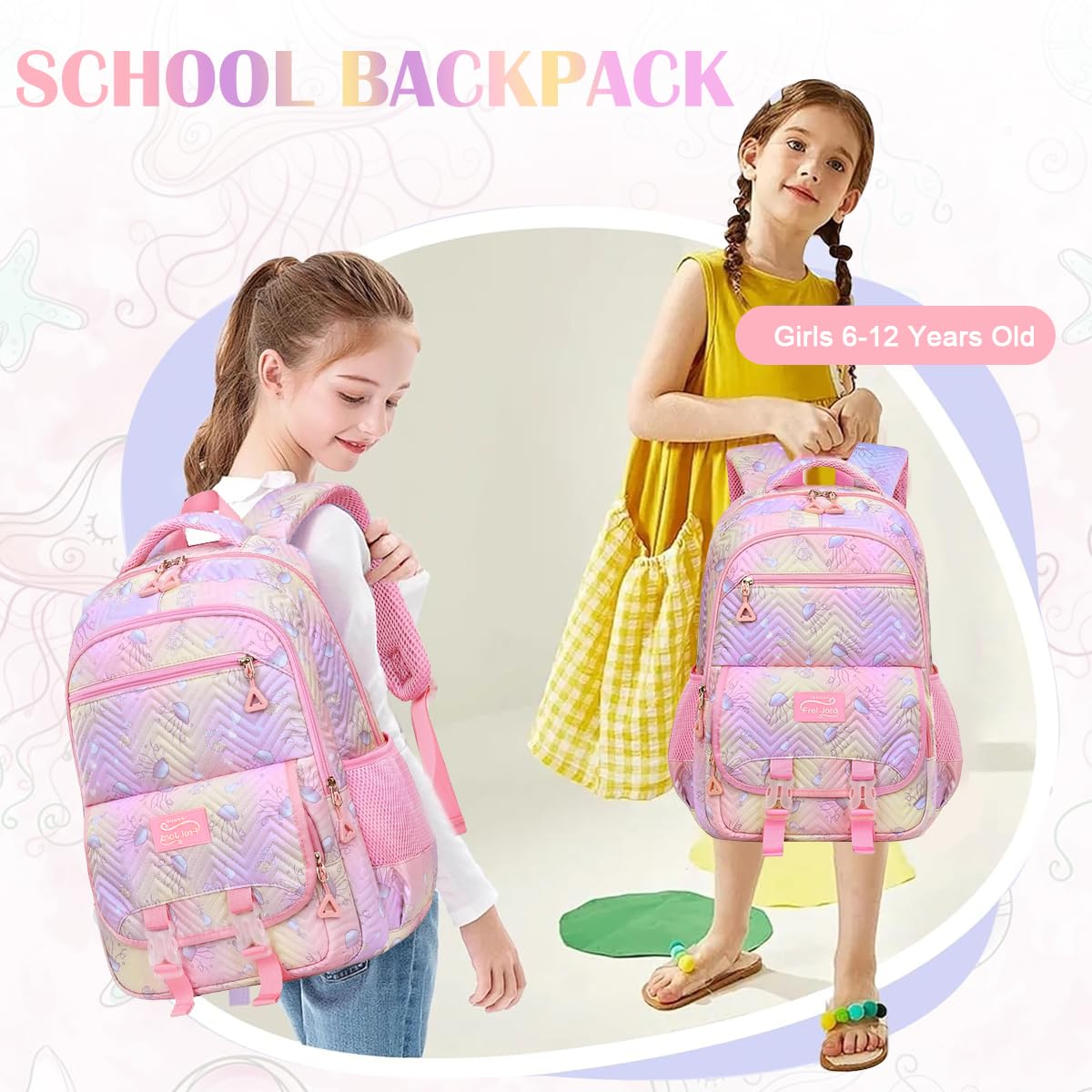 PALAY® Girls Backpack, School Backpack for Girls, Multi Compartment School Girls Backpack Cartoon Schoolgirls Backpack Jellyfish Print Girls Bookbag School Backpack School Gift Birthday Gift for Girls