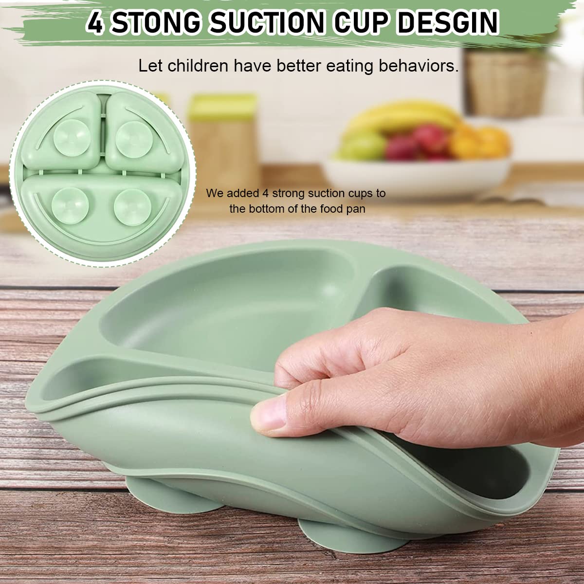 SNOWIE SOFT Baby Suction Plates for Feeding with 4 Strong Cups Silicone Green 2PCS
