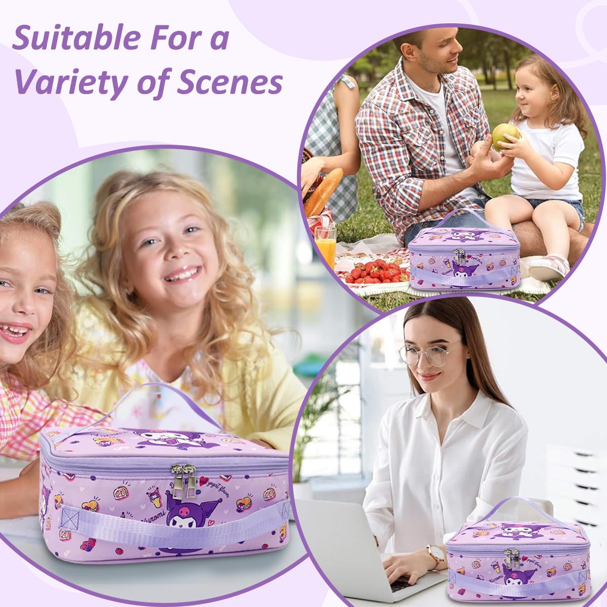 HASTHIP Cotton Kuromi Insulated Bento Box Lunch Bag 11.4x8.3x3.9 in with Dual Handles for Work and School | Waterproof Purple Bag for Kids and Adults