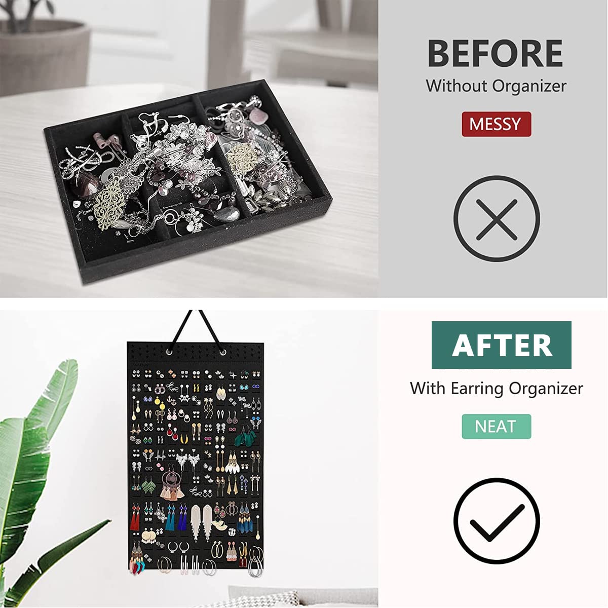 HASTHIP Wall Hanging Earring Organizer Box for Women with 150 Felt Pieces and 300 Pair Capacity | Black Jewelry Display for Earrings Necklaces and Rings