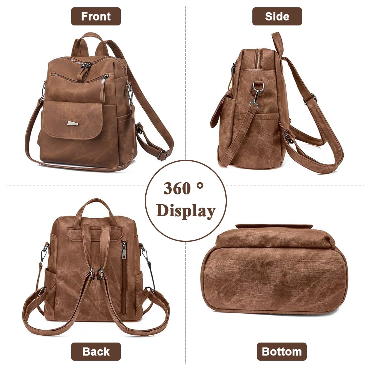 PALAY PU Leather Backpack for Women with 12x11 in Capacity and Back Zipper Pocket | Brown 3 PCS Set