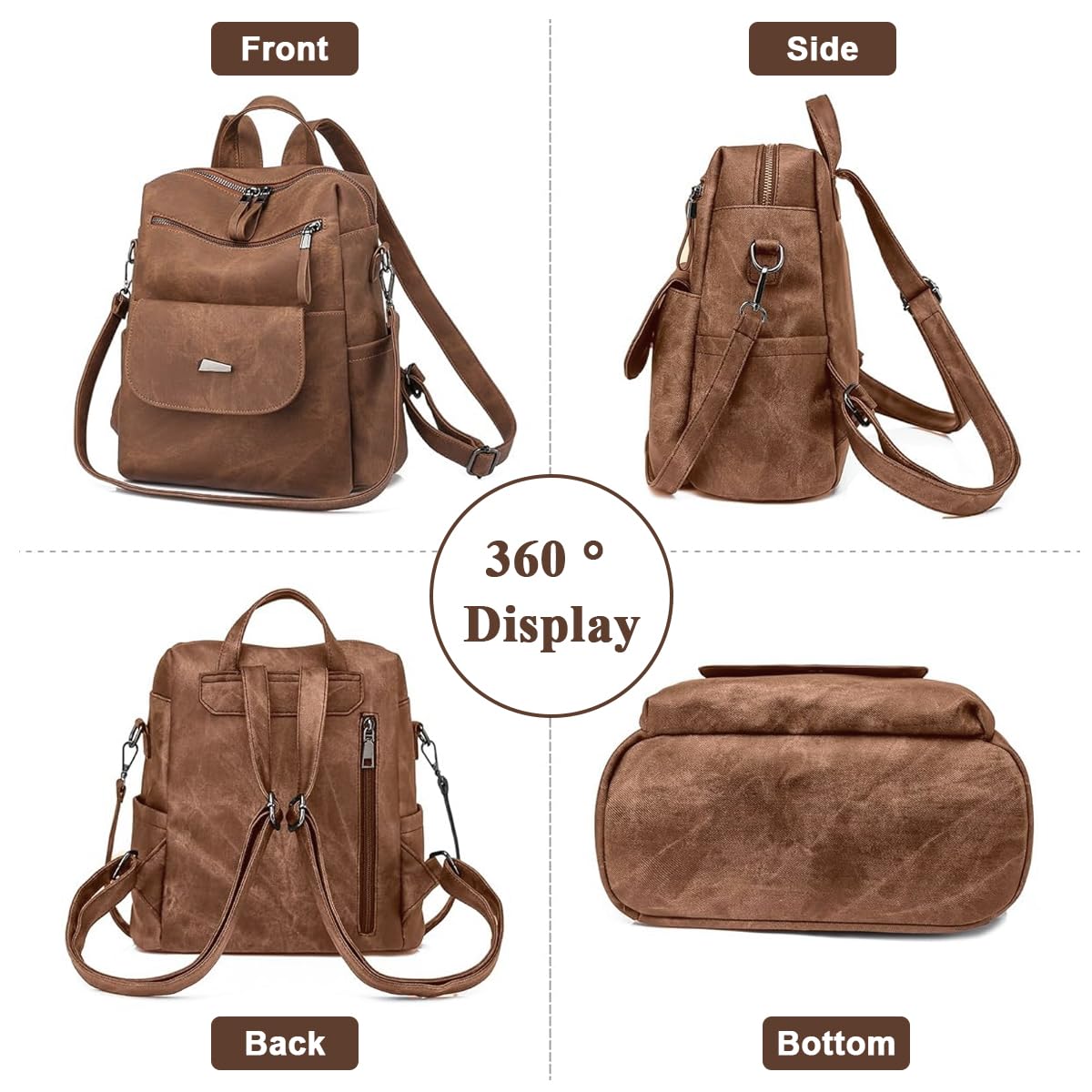 PALAY® Backpack for Girls Women PU Leather  Travel Backpack Vintage Shoulder Bags Soft PU Backpack Handbag Sling Shoulder Purse Bag for Women and Girls Gifts, Brown