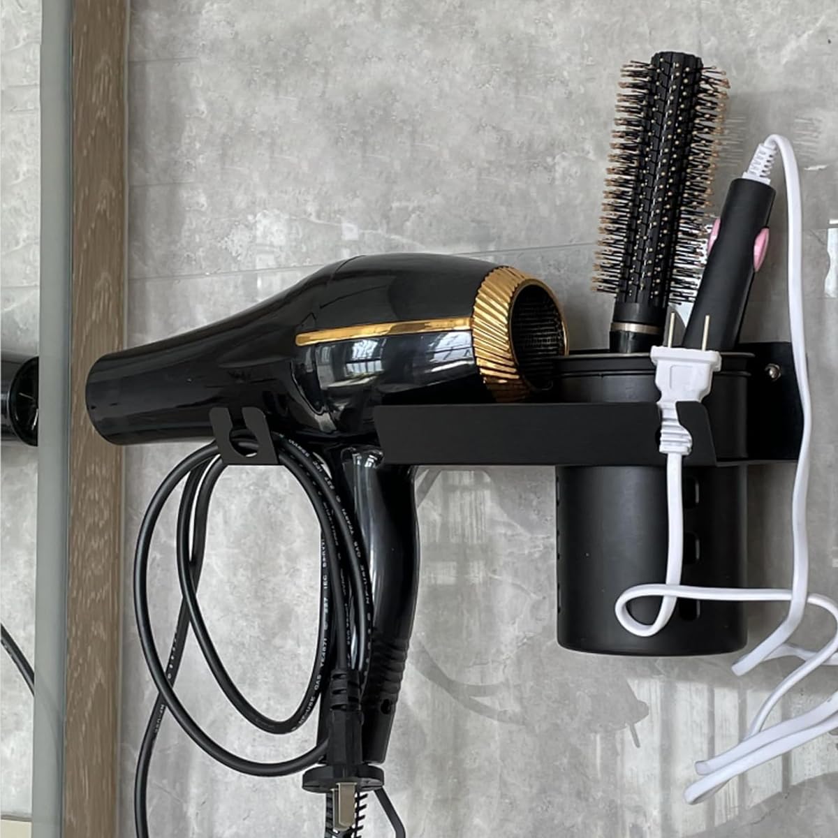 HASTHIP Bathroom Organizer for Hair Dryer with Dual Compartment Storage and Cable Management | Black ABS Wall Mount